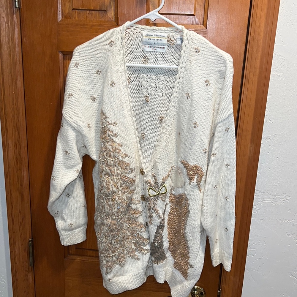 Marisa Christina Vintage Christmas Sweater. gold and white with beads. Size L